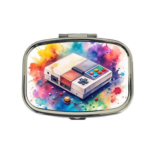 Retro Arcade Console System Watercolor Travel Pill Box Case