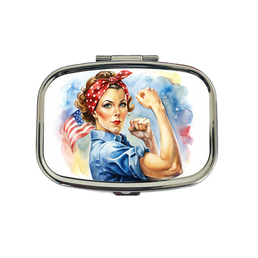 Rosie The Riveter Patriotic Watercolor Travel Pill Box Case