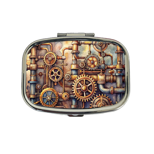 Sci-fi Steampunk Gears Pipes Watercolor Travel Pill Box Case