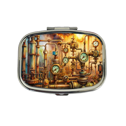 Sci-fi Steampunk Pipes Gauges Steam Fire Watercolor Travel Pill Box Case