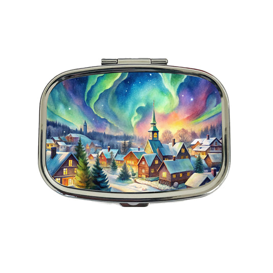 Small Town Northern Lights Watercolor Travel Pill Box Case