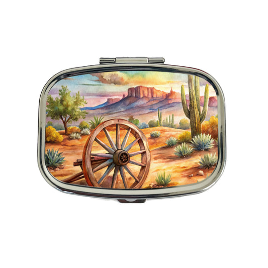Southwest Desert With Abandoned Wagon Wheel Watercolor Travel Pill Box Case