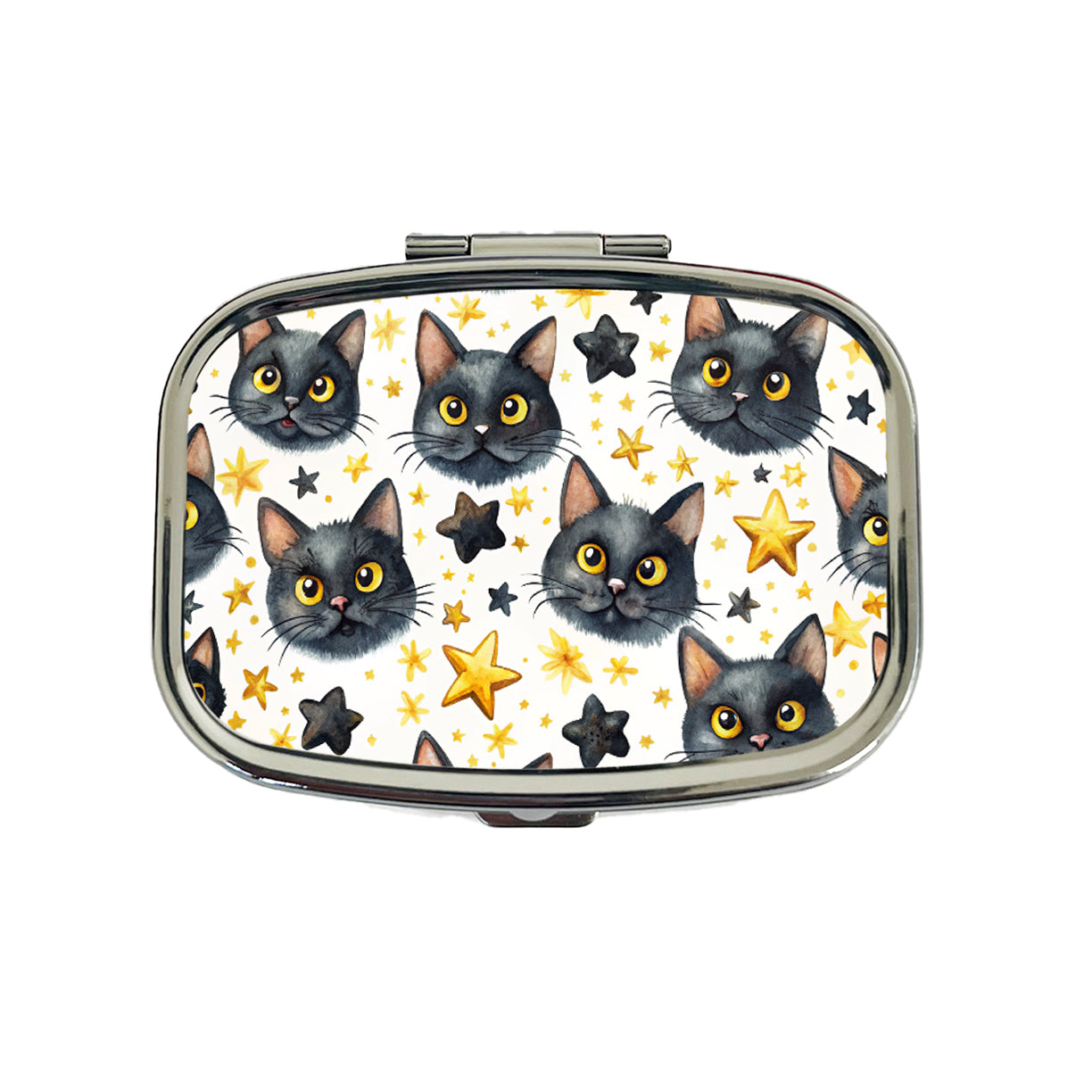 Sweet Black Cat Faces Yellow Stars Travel Pill Box Case