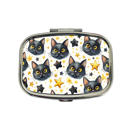 Sweet Black Cat Faces Yellow Stars Travel Pill Box Case