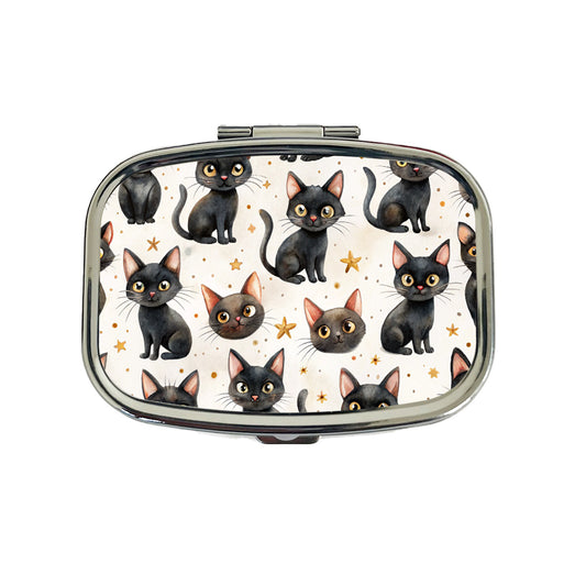 Sweet Black Cats Yellow Stars Travel Pill Box Case