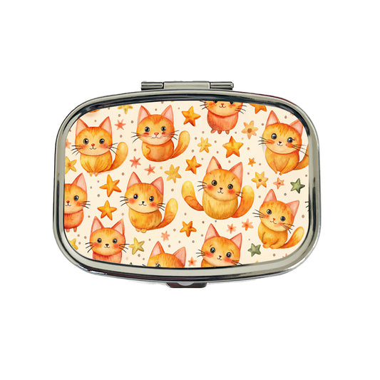 Sweet Orange Cats Yellow Stars Travel Pill Box Case