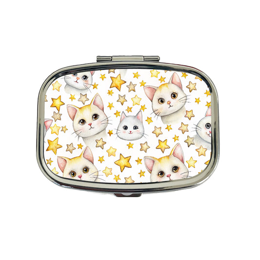 Sweet White Cats Yellow Stars Travel Pill Box Case