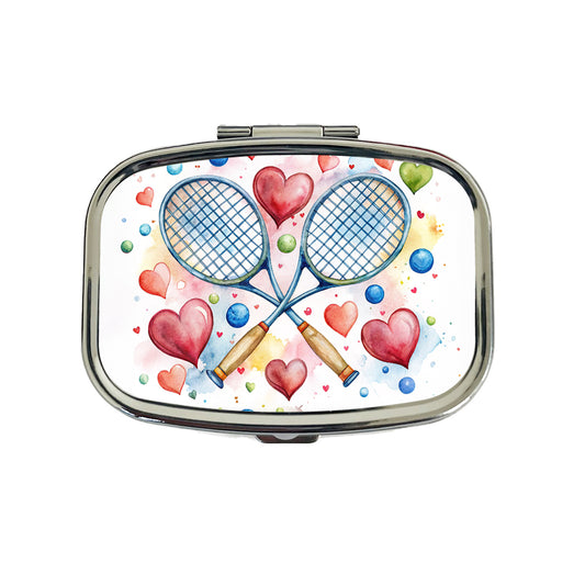 Tennis Rackets Crossed With Hearts Watercolor Travel Pill Box Case