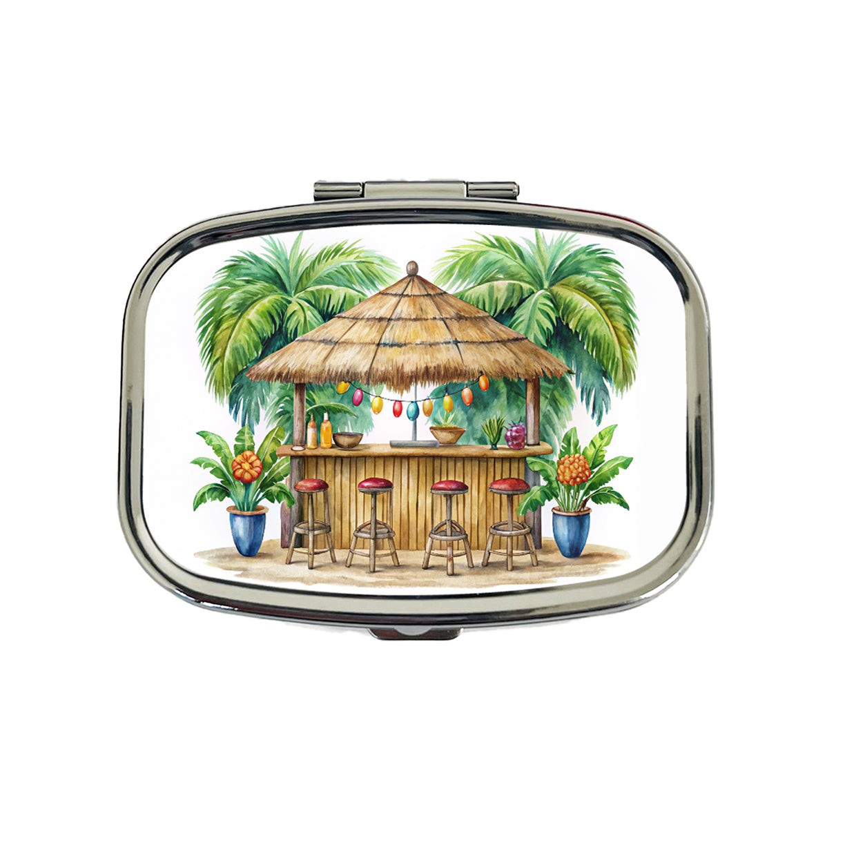 Tropical Resort Beach Tiki Bar Watercolor Travel Pill Box Case
