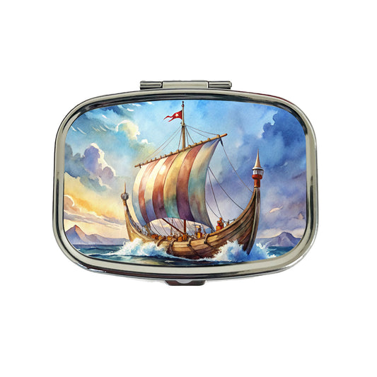 Viking Ship On The Ocean Watercolor Travel Pill Box Case
