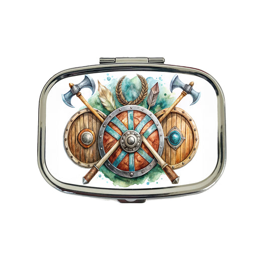Viking Symbols Shields Axes Watercolor Travel Pill Box Case