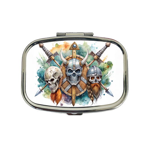 Viking Symbols Shields Swords Skulls Watercolor Travel Pill Box Case