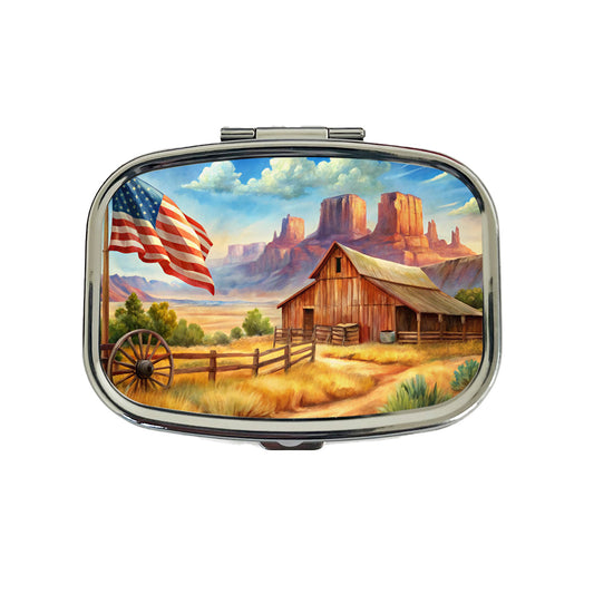 Western Americana Country Flag Ranch Wagon Wheel Travel Pill Box Case