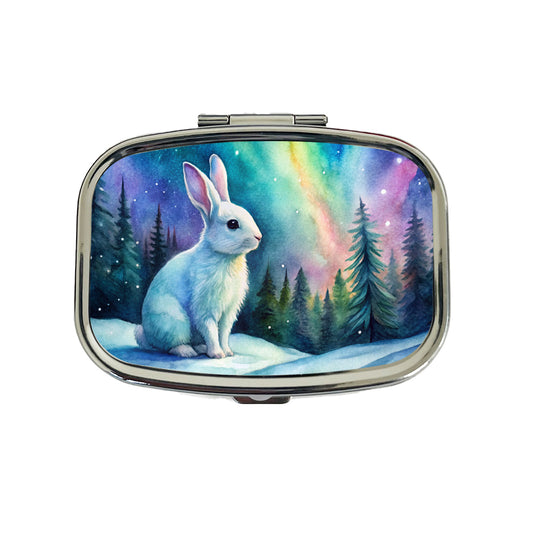 White Bunny Rabbit And Northern Lights Watercolor Travel Pill Box Case