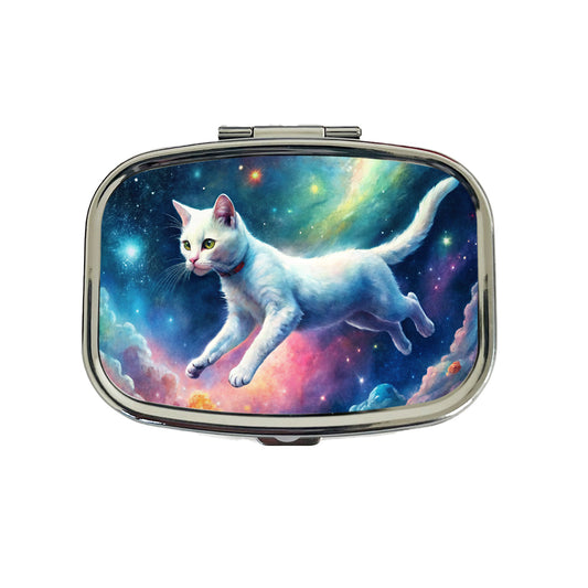White Cat Flying Through Space Funny Watercolor Travel Pill Box Case