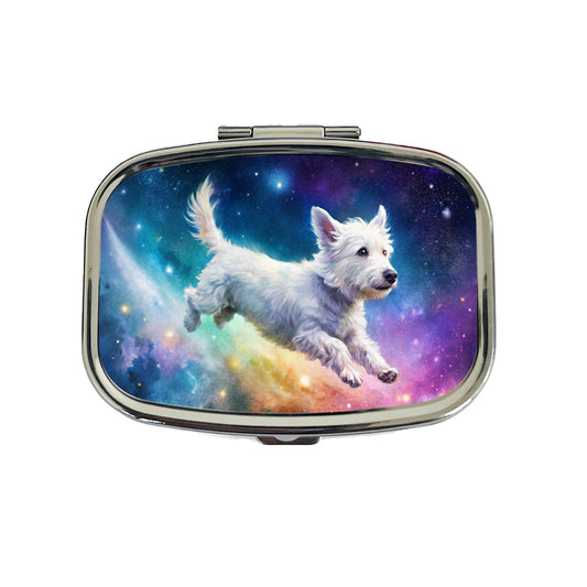 White Dog Flying Through Space Funny Watercolor Travel Pill Box Case