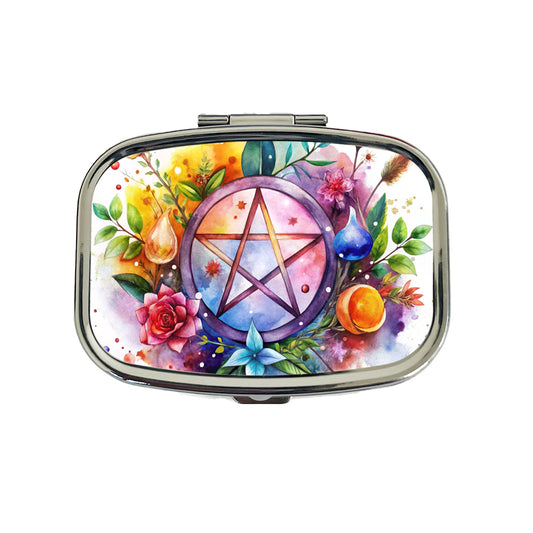 Witch Wiccan Pentagram Floral Watercolor Travel Pill Box Case