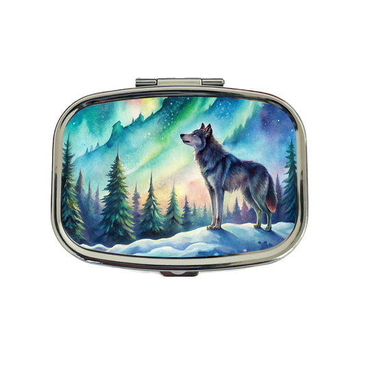 Wolf And Northern Lights Watercolor Travel Pill Box Case