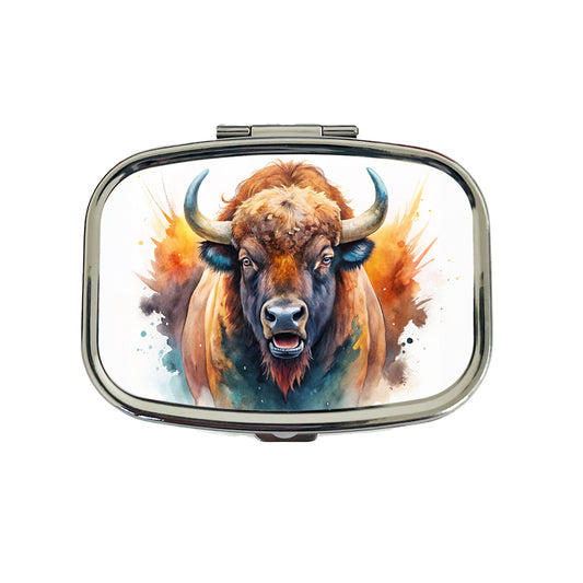 Angry American Bison Buffalo Watercolor Travel Pill Box Case