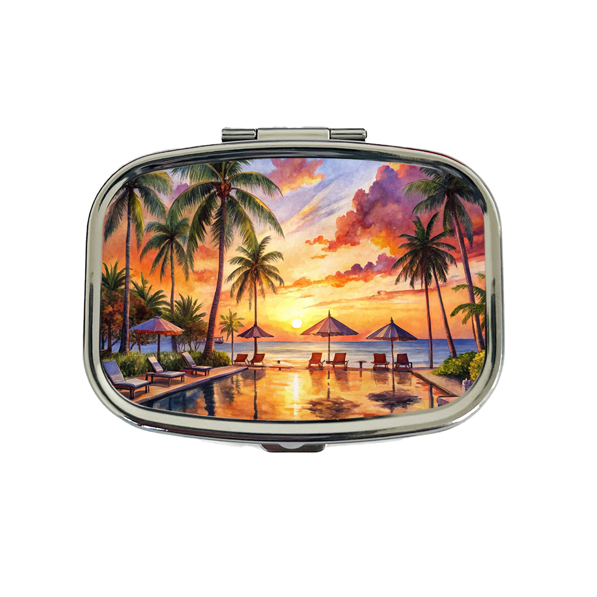 Beach Resort At Sunset Sunrise Tropical Watercolor Travel Pill Box Case