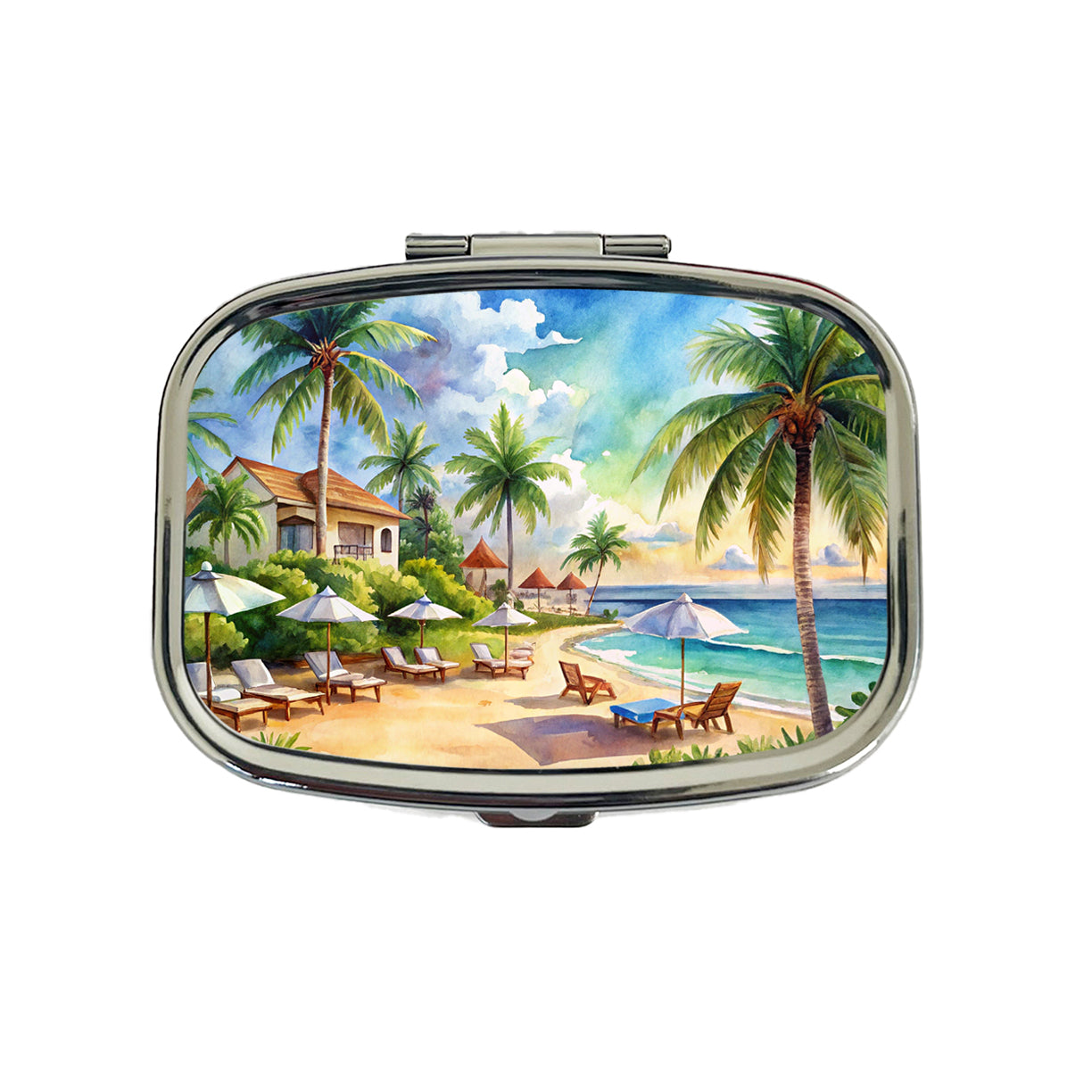 Beach Resort Tropical Scene Watercolor Travel Pill Box Case