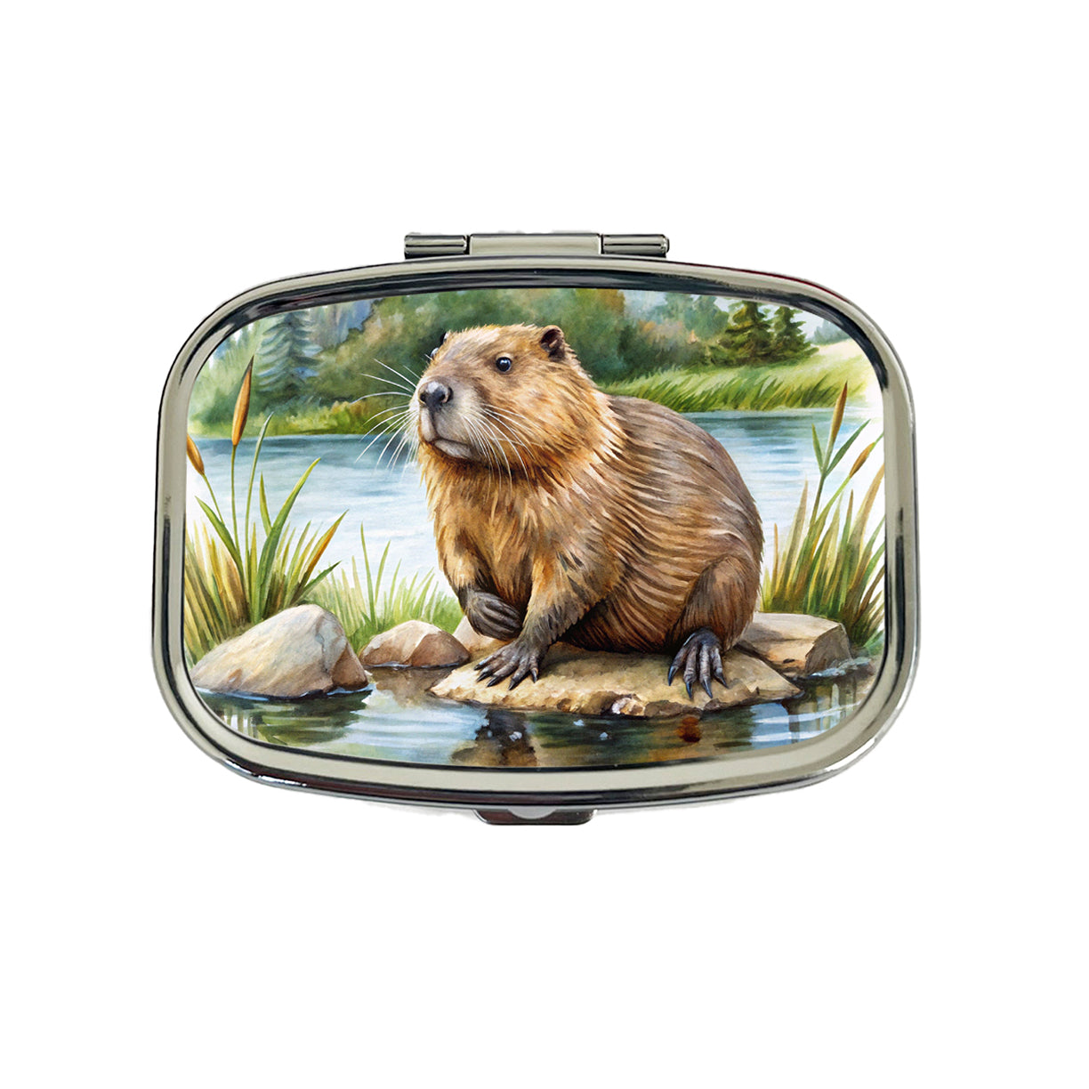 Beaver in the Pond Dam Watercolor Travel Pill Box Case