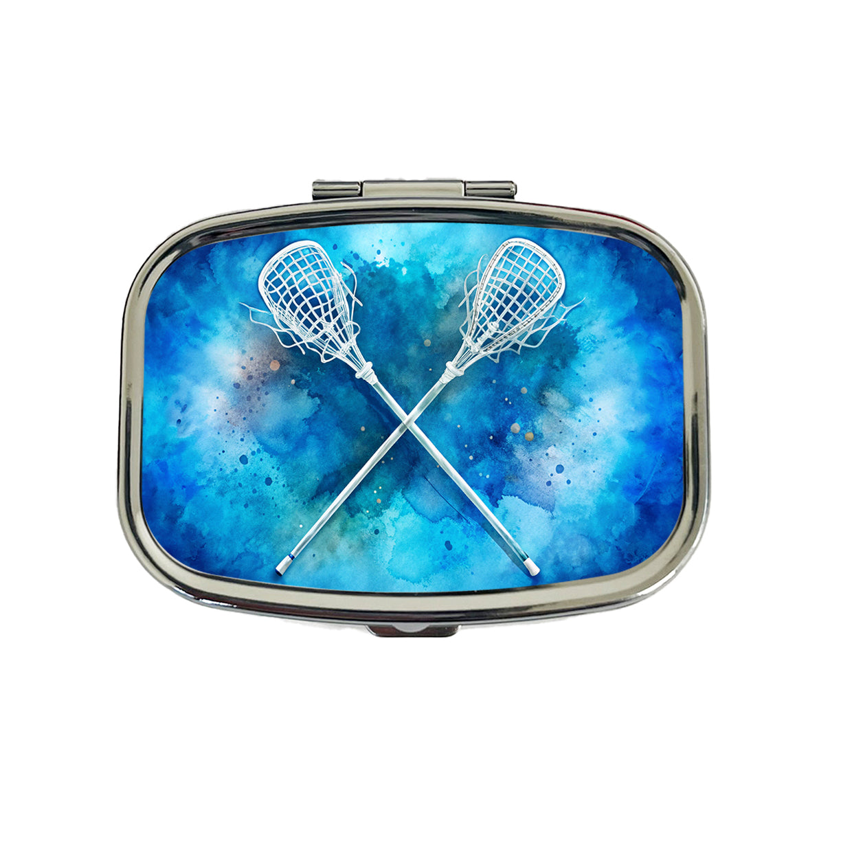 Crossed Lacrosse Sticks On Blue Background Travel Pill Box Case