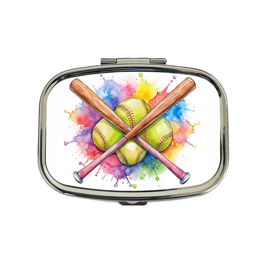 Crossed Softball Bats And Balls Watercolor Travel Pill Box Case
