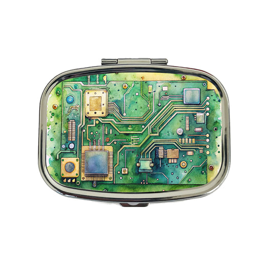 Detailed Circuit Board Watercolor Travel Pill Box Case