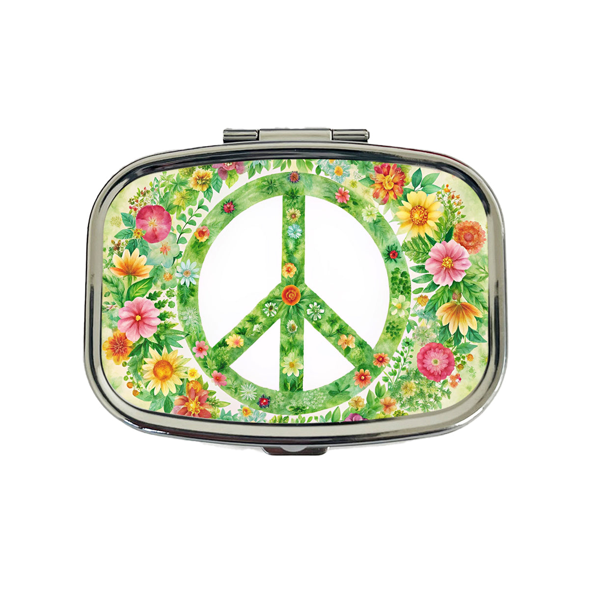 Green Peace Symbol Hippie Floral Watercolor Travel Pill Box Case