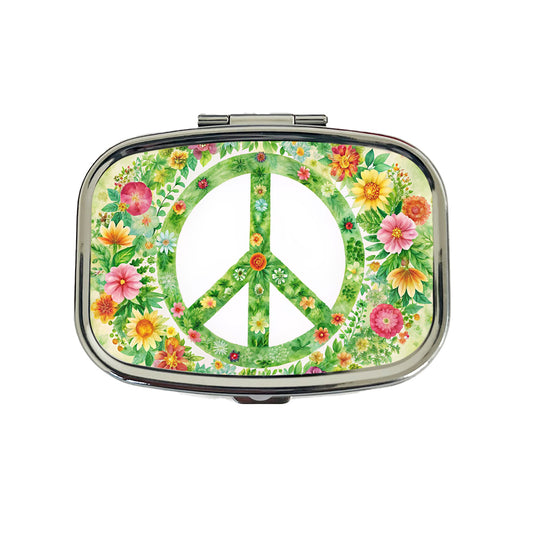 Green Peace Symbol Hippie Floral Watercolor Travel Pill Box Case