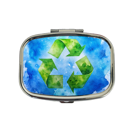 Green Recycle Symbol On A Blue Background Watercolor Travel Pill Box Case