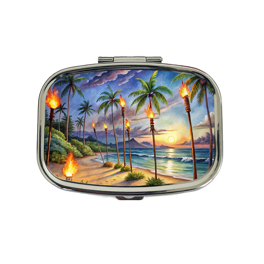 Hawaiian Tropical Beach Scene At Night Lit With Tiki Torches Travel Pill Box Case