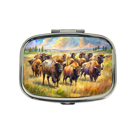 Herd Of Buffalo Bison On The Prairie Watercolor Travel Pill Box Case