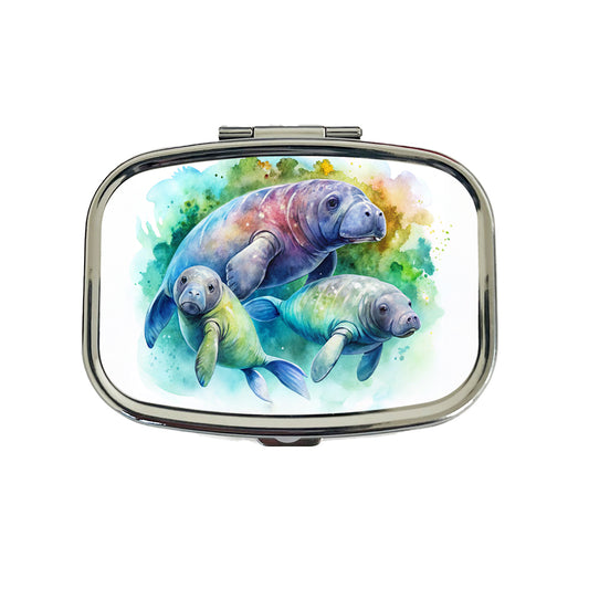 Manatees Family Watercolor Travel Pill Box Case