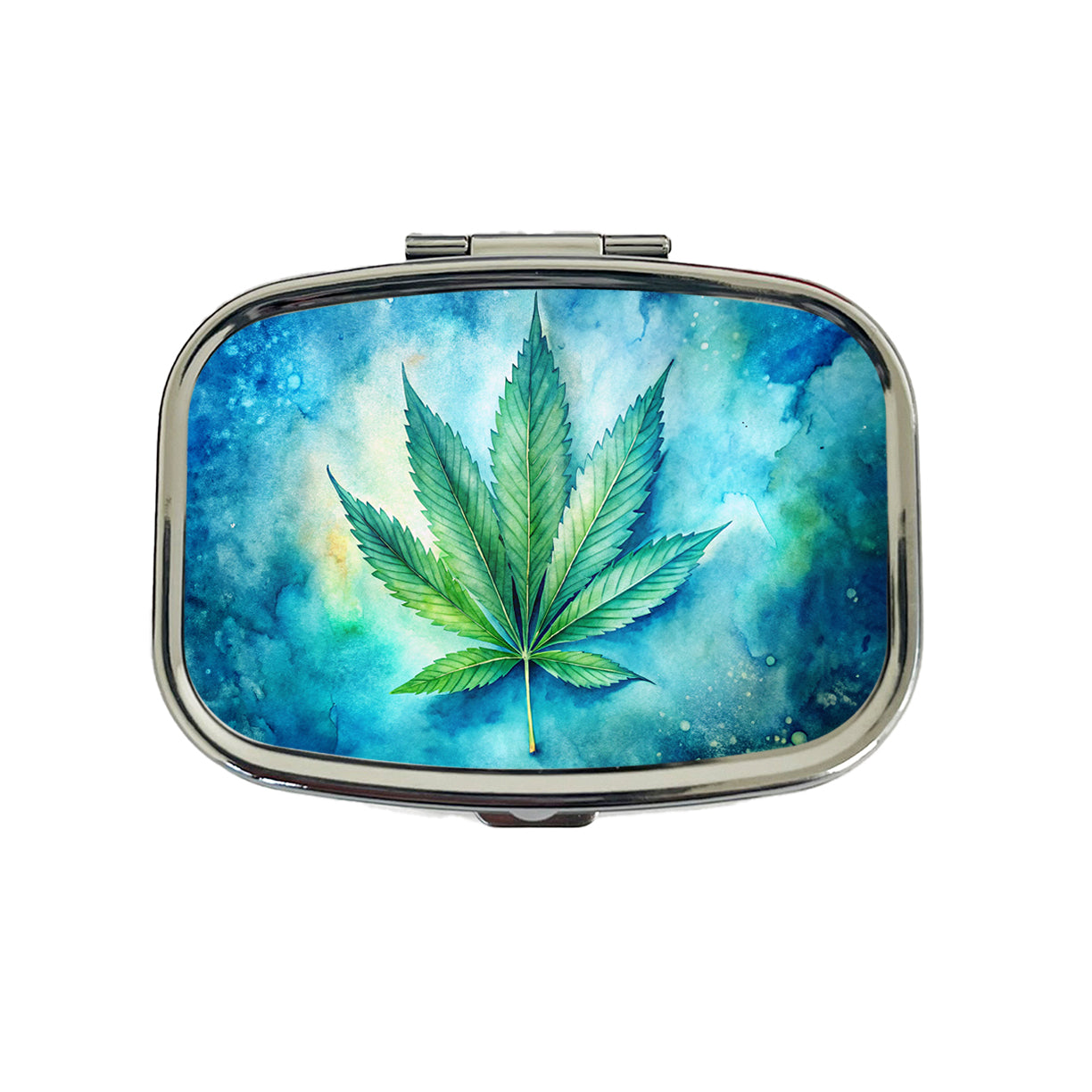 Marijuana Leaf on Blue Background Watercolor Travel Pill Box Case
