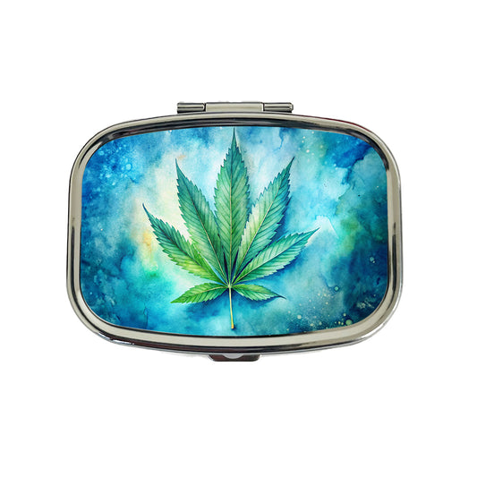 Marijuana Leaf on Blue Background Watercolor Travel Pill Box Case