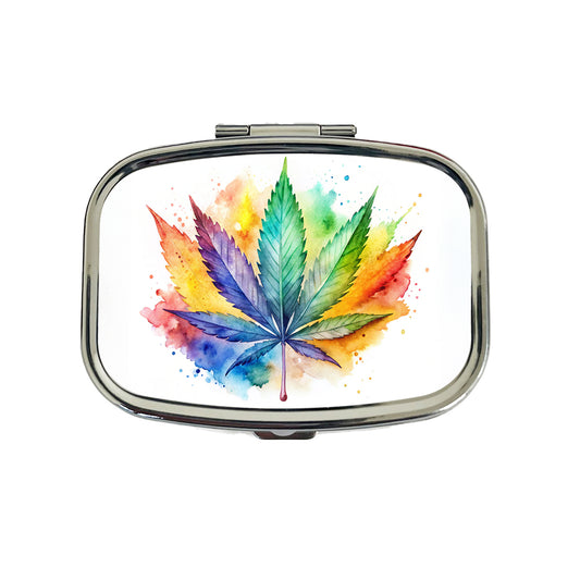 Marijuana Leaf Rainbow Watercolor Travel Pill Box Case
