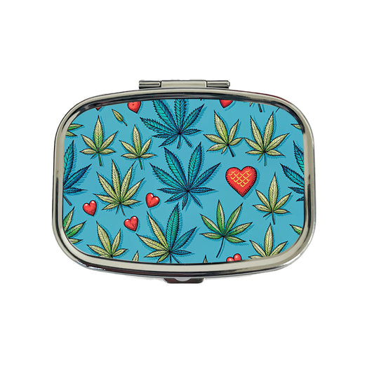 Marijuana Leaves And Hearts Blue Background Travel Pill Box Case