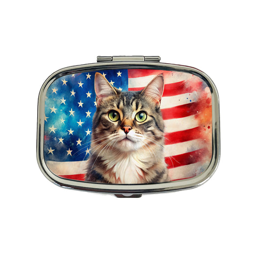 Patriotic Cat Watercolor American Flag Background Travel Pill Box Case