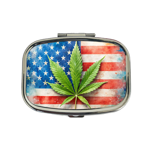 Patriotic Marijuana Leaf on American Flag Background Travel Pill Box Case