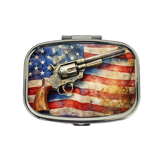 Patriotic Western Revolver With American Flag 2nd Amendment Watercolor Travel Pill Box Case