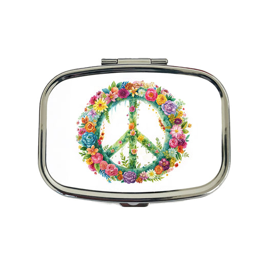Peace Symbol Floral Watercolor Travel Pill Box Case