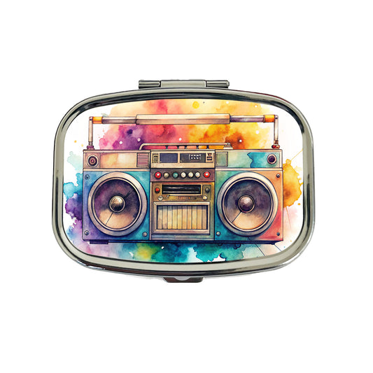 Retro Boom Box Radio Cassette Player Watercolor Travel Pill Box Case