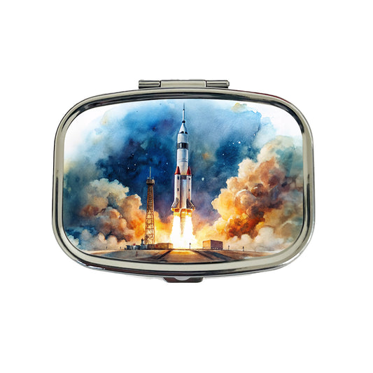 Rocket Spaceship Launch Sci-fi Watercolor Travel Pill Box Case