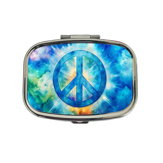 Solid Blue Peace Symbol Tie Dye Background Hippie Watercolor Travel Pill Box Case