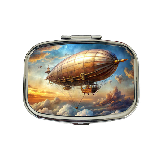 Steampunk Airship Dirigible Flying in Cloudy Sky Fantasy Sci-fi Travel Pill Box Case