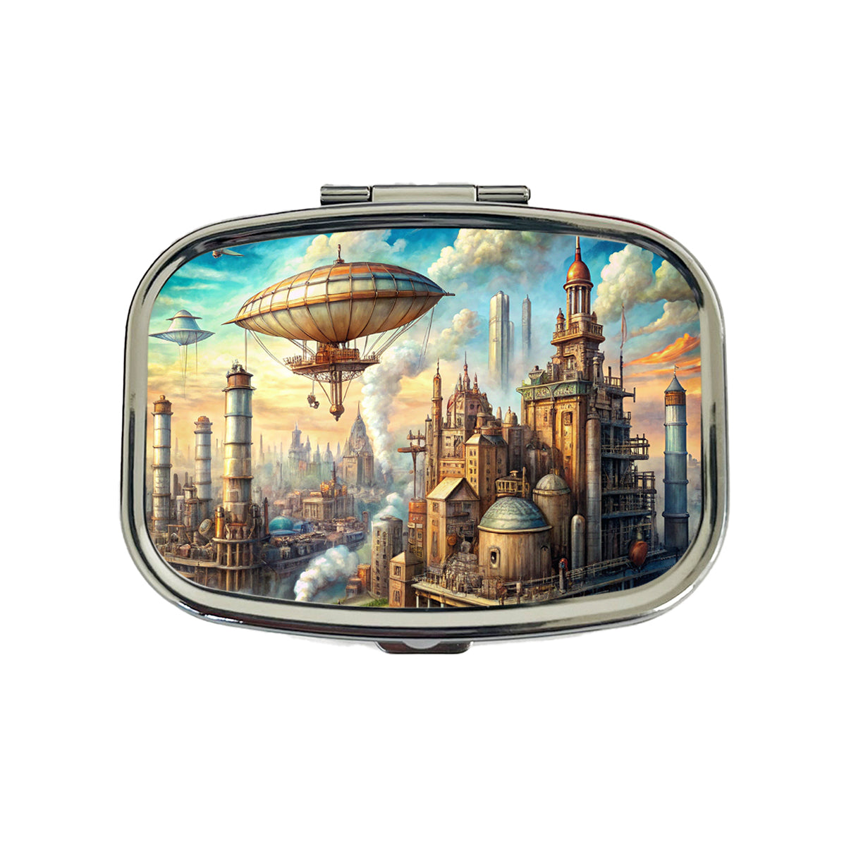 Steampunk City and Airship Fantasy Sci-fi Scene Travel Pill Box Case