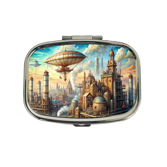 Steampunk City and Airship Fantasy Sci-fi Scene Travel Pill Box Case