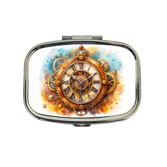 Steampunk Clock Fantasy Sci-fi Watercolor Travel Pill Box Case